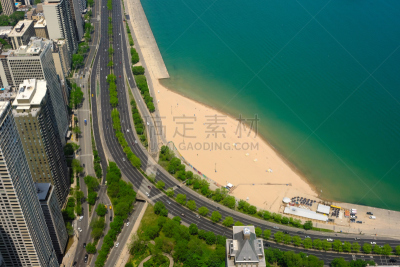 芝加哥市,城市天际线,航拍视角,水,水平画幅,无人,夏天,户外,湖,北美