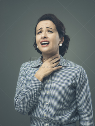 喉咙痛,女人,肿胀的,喉咙,炎症,健康保健,女性特质,复古风格,古典式,发型