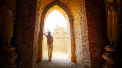 太阳穴,都市风景,看,女人,徒步旅行,蒲甘,缅甸,探险家,下龙湾,旅行者