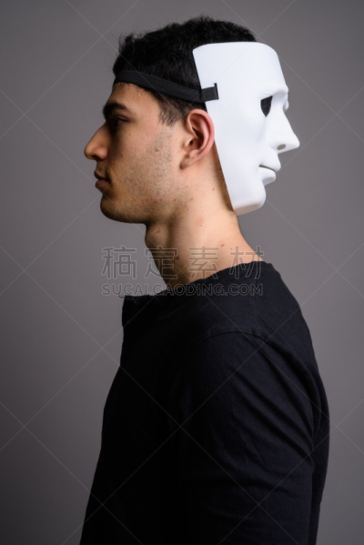 青年人,影棚拍摄,灰色背景,男人,男性美,三节长套筒,暗房,面具,侧面像,白色