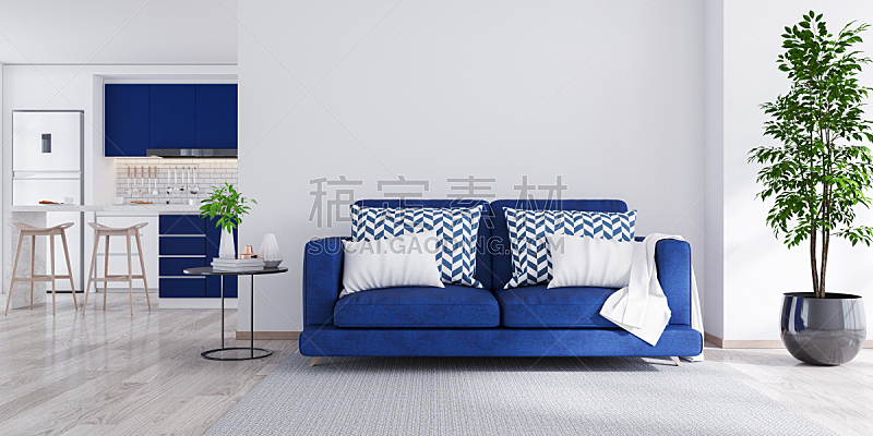 沙发,极简构图,室内,住宅房间,蓝色,硬木地板,起居室,墙,三维图形,白色