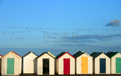 成一排,海滩小屋,度假胜地,水平画幅,拓闺市,无人,蓝色,古老的,小屋,英格兰