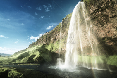 seljalandsfoss waterfall,冰岛国,瀑布,水,天空,美,水平画幅,夏天,户外,草