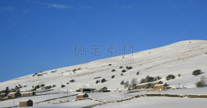 雪,约克郡谷地,停泊的,旷野,摩尔人风格,水平画幅,山,墙,谷仓,无人