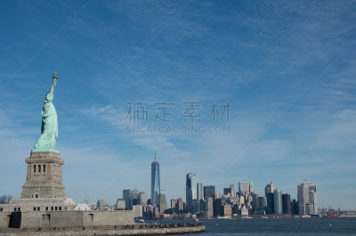自由女神像,城市天际线,曼哈顿,白昼,海港,色彩鲜艳,侧面像,太阳,渡轮,下曼哈顿区