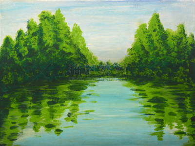 湖,树林,水,天空,水平画幅,无人,绘画插图,艺术品,画笔