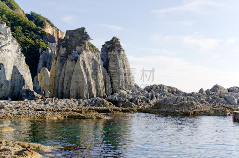 岩石,斗篷,青森县,强风,水,天空,里山,水平画幅,无人,岩层