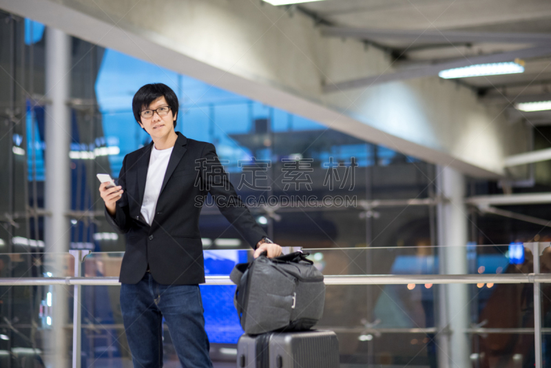男商人,青年人,手提箱,机场,行李,等,亚洲,智慧,曙暮光,旅行者