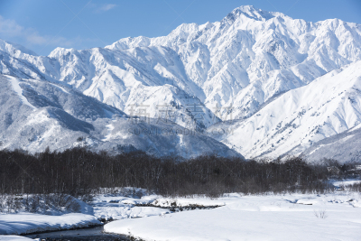 雪,冬天,山,水,天空,留白,里山,水平画幅,长野县,无人
