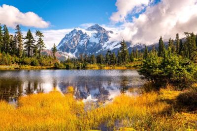 舒克森山,取景湖,华盛顿州,山,秋天,贝克尔山,国家公园,国家森林公园,湖,卡斯基德山脉