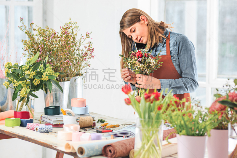 花卉商,花束,女人,手,现代,时尚,女性,做,工作,花
