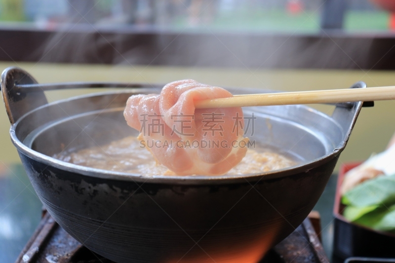 筷子,锅,猪肉,沸腾的,水,在上面,特写,传统,蔬菜,热