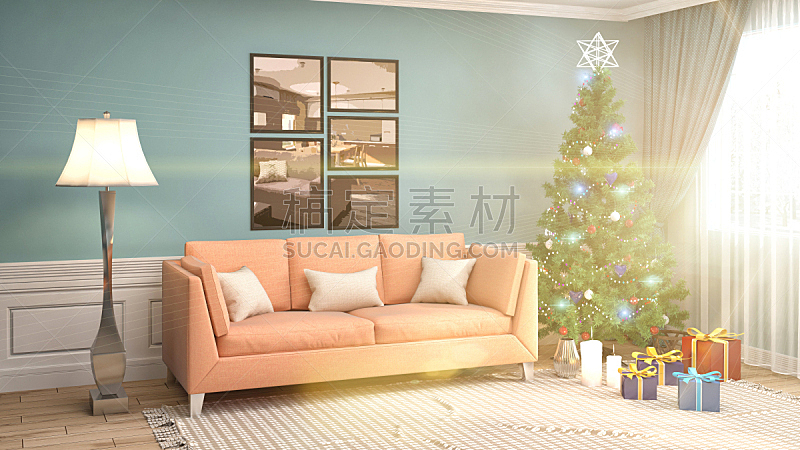 圣诞树,起居室,绘画插图,窗户,贺卡,圣诞卡,水平画幅,无人,房屋