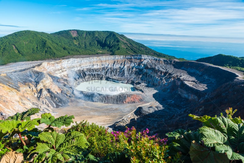 波阿斯火山,火山,哥斯达黎加,水,天空,透过窗户往外看,美洲,烟,湖,热带气候