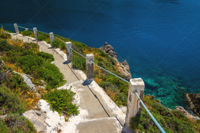 楼梯,希腊,海岸线,海湾,白色,度假胜地,克里特岛,水平画幅,凯法劳尼亚,无人