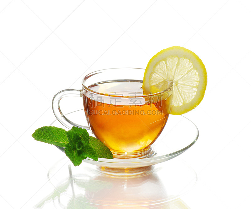 茶,杯,水平画幅,无人,茶杯,玻璃,玻璃杯,白色背景,饮料,柠檬