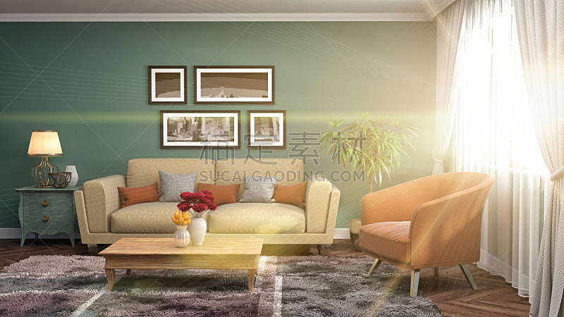 沙发,室内,绘画插图,三维图形,无人,褐色,座位,水平画幅,装饰物,家具