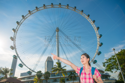 新加坡摩天观景轮,新加坡市,快乐,亚洲,女人,滨海广场,滨海湾公园,椰子树,水平画幅,新加坡