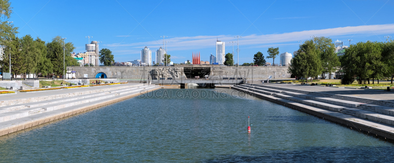 叶卡捷林堡,全景,水坝,方形画幅,水,天空,水平画幅,当地著名景点,河堤,夏天