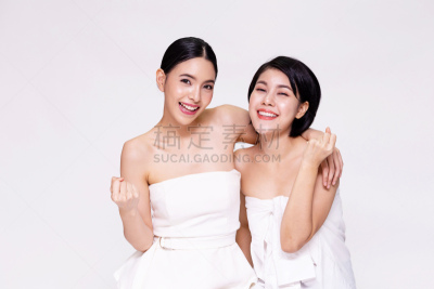 白色,两个人,女人,表现积极,快乐,可爱的,亚洲,正下方视角,背景聚焦,欢呼