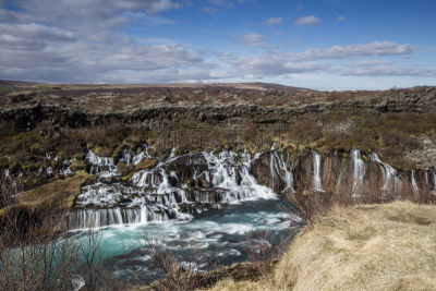 hraunfossar,熔岩,自然,水,水平画幅,地形,瀑布,无人,蓝色,夏天