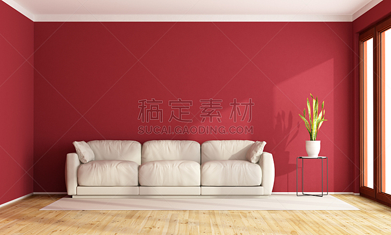 红色,起居室,水平画幅,墙,无人,硬木地板,家具,现代,沙发,白色