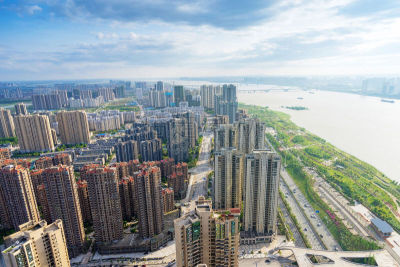 城市,河流,南昌市,航拍视角,建筑外部,天空,水平画幅,无人,金融,路