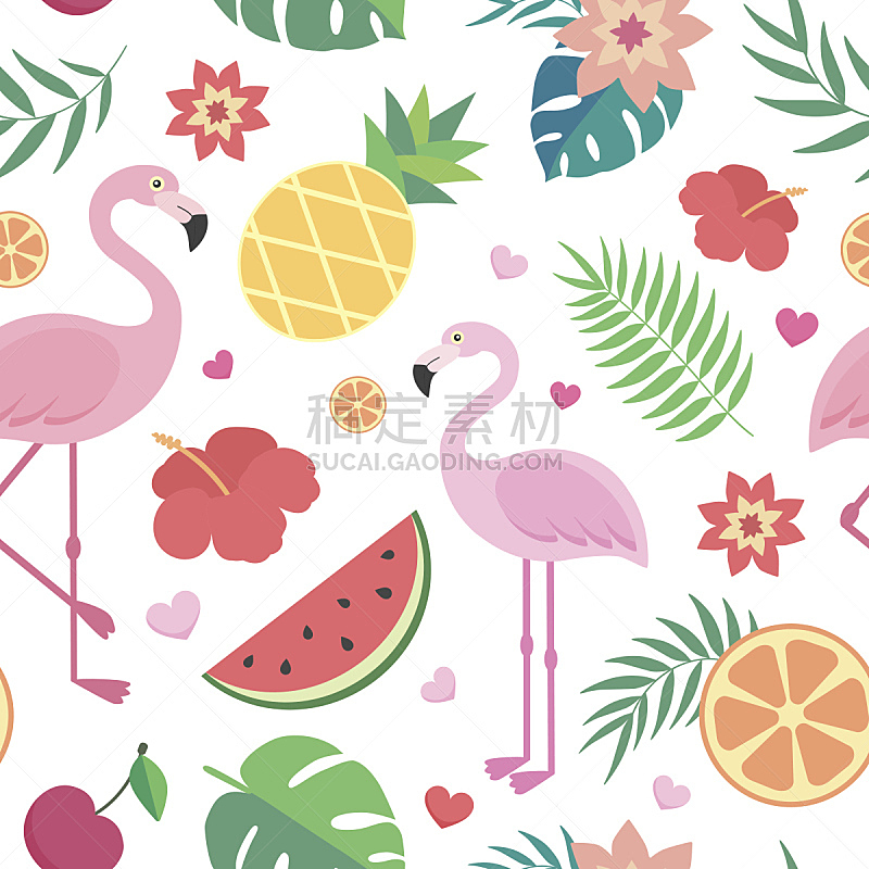 矢量,热带植物图案,火烈鸟,菠萝,西瓜,木槿属,热带气候,四方连续纹样,花纹,式样