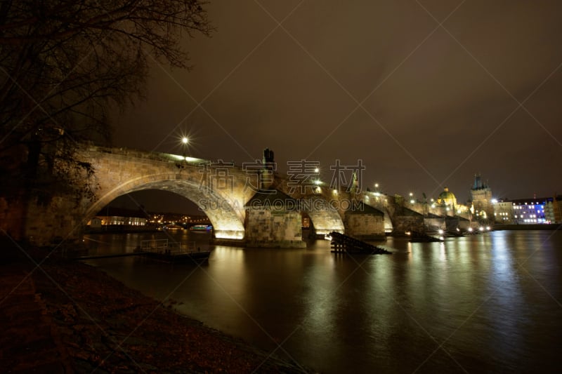 查理大桥,水,天空,夜晚,平视角,古老的,灯,石材,都市风景,夜生活