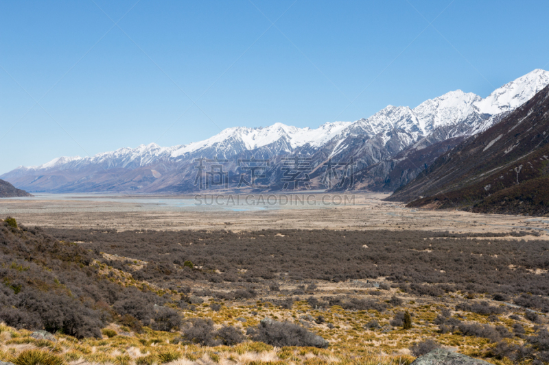 库克山,河床,山,曼河,新西兰坎特伯雷地区,在底端,国家公园,水平画幅,雪,无人