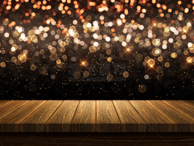 3D wooden table on Christmas bokeh lights background