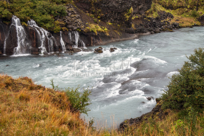 Hraunfossar,岛,灰色,水平画幅,绿色,岩石,熔岩,无人,欧洲,River Hvita