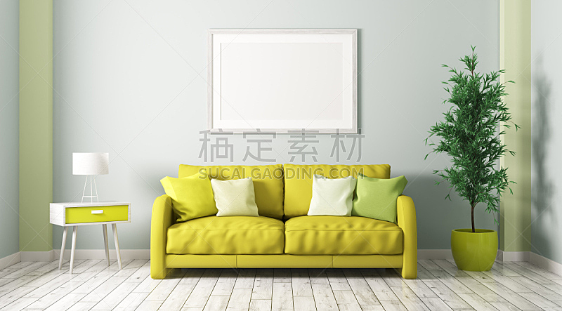 沙发,起居室,室内,三维图形,软垫,绿色,黄色,相框,墙,舒服