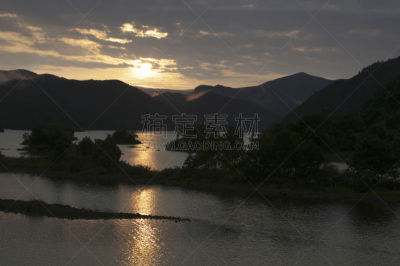 早晨,秋元湖,自然,水,天空,福岛里,水平画幅,云,地形,无人