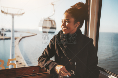 可爱的,旅行者,女孩,汽车,客舱,空中缆车,一个人,电缆绞车,女人,仅一个青年女人