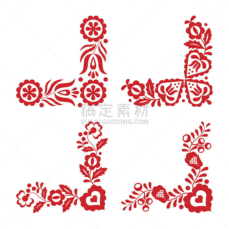 传统,刺绣,民间音乐,红色,分离着色,四个物体,白色背景,匈牙利,罗马尼亚,捷克