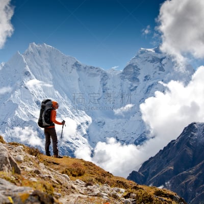 喜马拉雅山脉,徒步旅行,登山杖,雪,旅行者,户外,运动,山,成年的,背包族