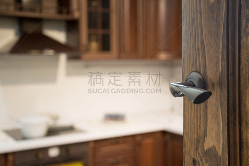 现代,住宅房间,木制,开着的,门,厨房,留白,欢迎标志,家庭生活,安全