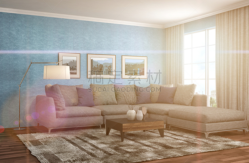 沙发,室内,绘画插图,三维图形,座位,水平画幅,无人,蓝色,装饰物,家具