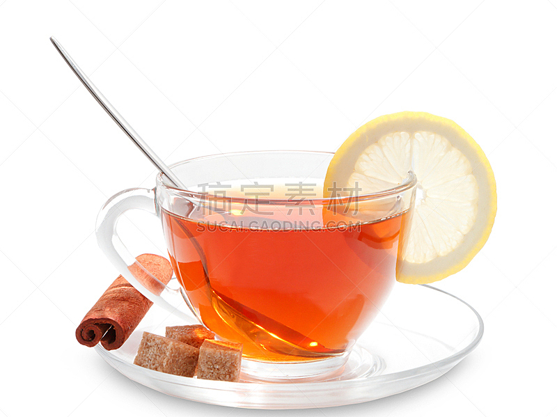 茶杯,白色背景,玻璃杯,水平画幅,水果,无人,茶碟,背景分离,饮料,柠檬