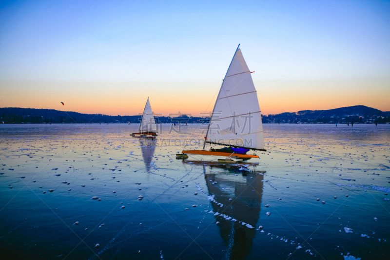 Ice Sailing on the Lake Wörthsee in Bavaria, Germany