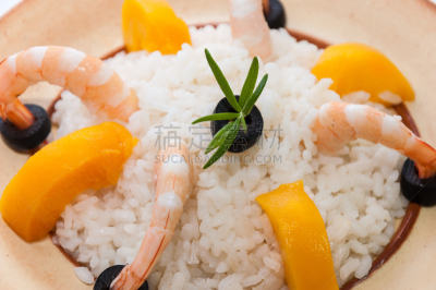 米饭沙拉,饮食,水平画幅,无人,白米,桃,海产,乌榄,橄榄,2015年