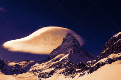 瑞士阿尔卑斯山,马特洪峰,水平画幅,雪,无人,侧面像,符号,户外,石材,戏剧性的天空