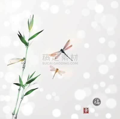 蜻蜓,竹,三个物体,枝,烟灰墨,水墨画,绘画插图,无人,符号,墨水