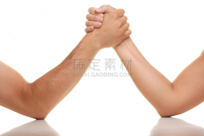 扳手腕,女人,男人,分离着色,白色背景,水平画幅,手牵手,人,白人,男性