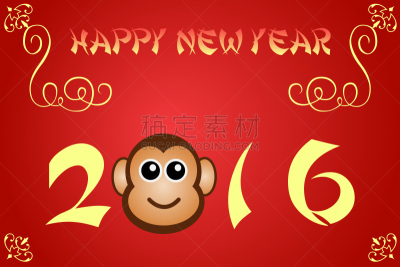 幸福,新年卡,全家福,猴年,2016,水平画幅,绘画插图,猴子,卡通,十二宫图