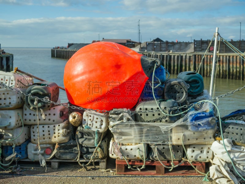 whitstable,小罐,浮标,海港,巨大的,橙色,肯特,渔网,货盘,充气筏