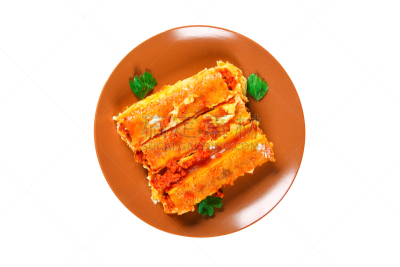 传统,塞满了的,意大利面,烤碎肉卷,分离着色,肉末,圆柱体,白色酱,烘焙
