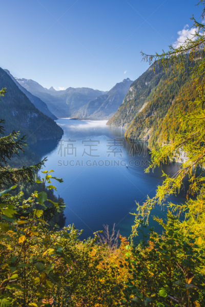 湖,秋天,德国,圣巴多罗缪,巴伐利亚塑像,贝希特斯加登,观光船,上巴伐利亚,垂直画幅,无人