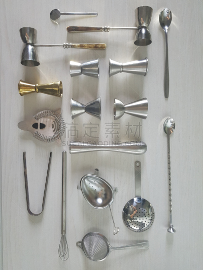 设备用品,调酒师,平铺,水平画幅,过滤勺,无人,饮料,金属,白色,搅拌钵